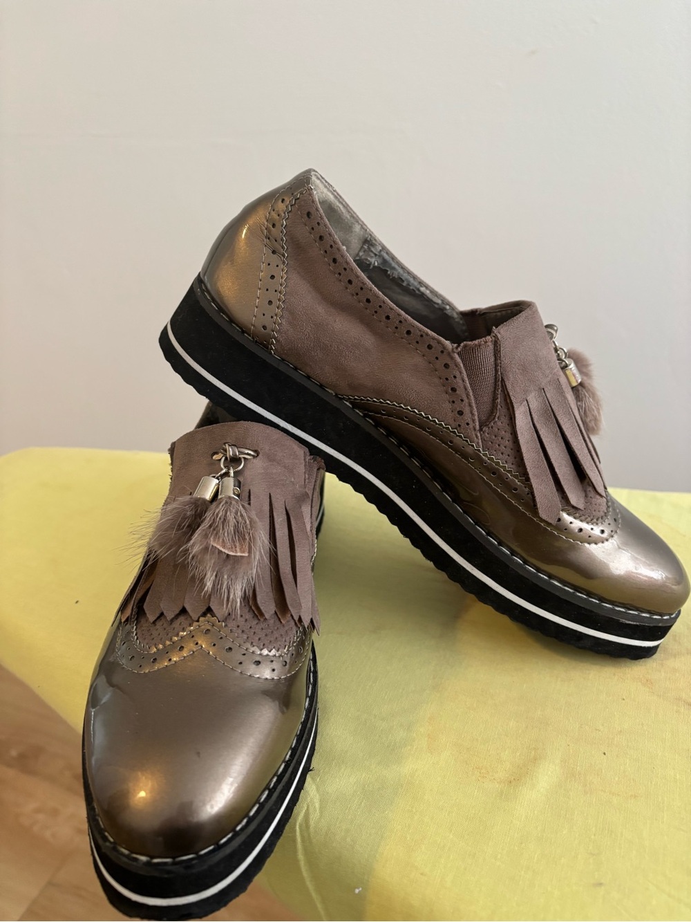 3 for $15😍 Mellisa metallic grey loafers with suede fringe and furry tassels. - Picture 2 of 10